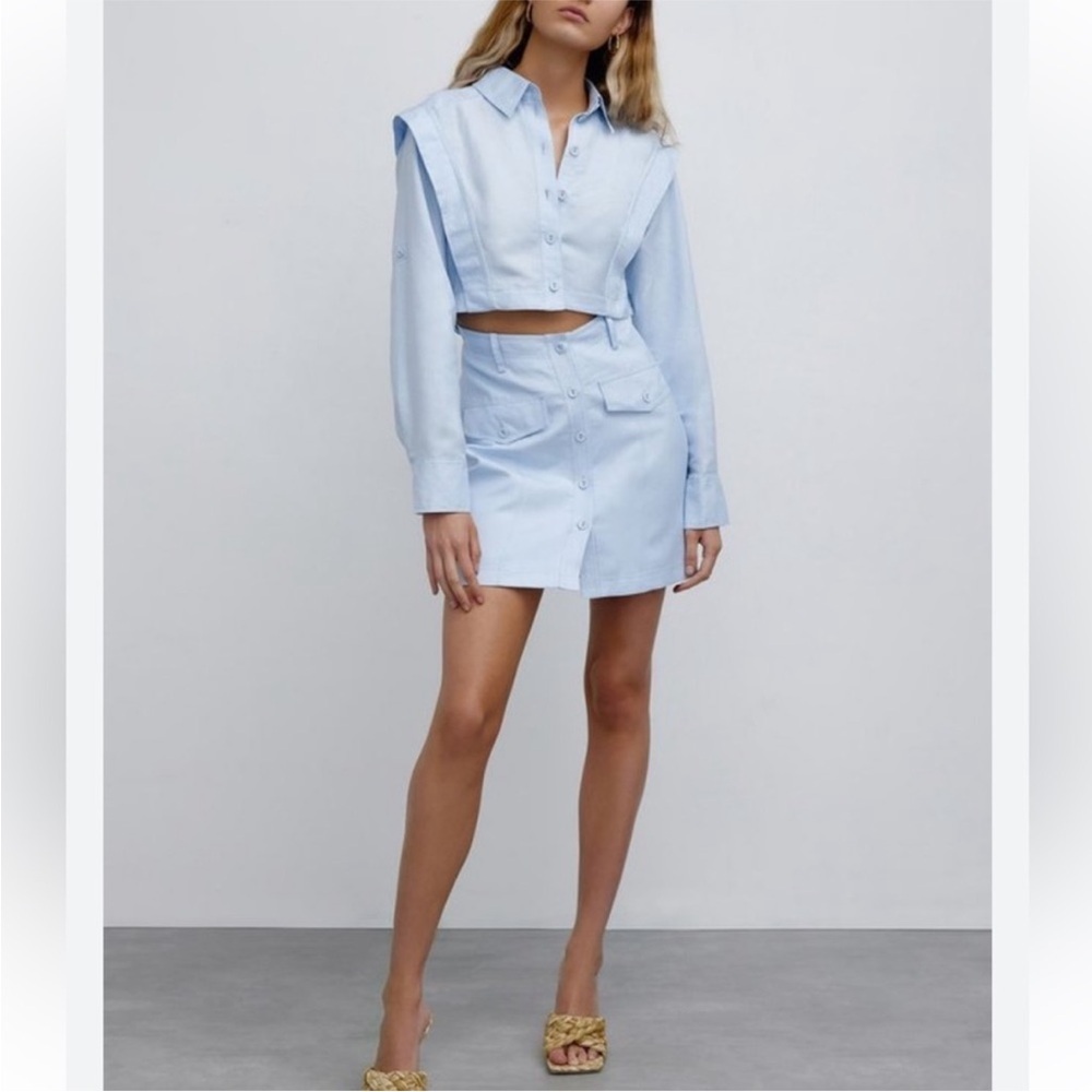 Cropped Button-Front Mini Dress in Light Blue